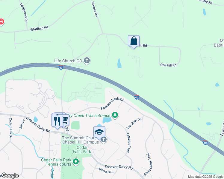 map of restaurants, bars, coffee shops, grocery stores, and more near 104 Yukon Lane in Chapel Hill