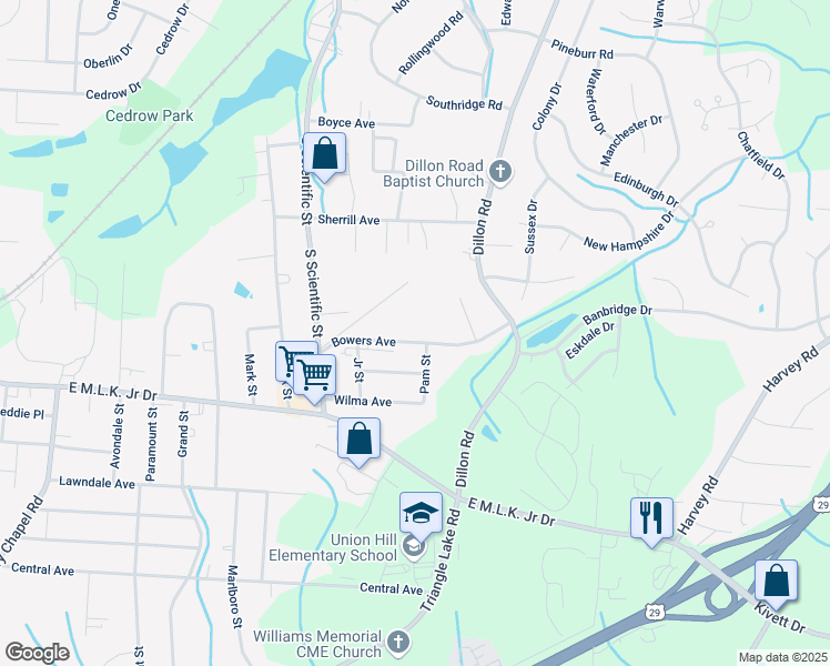 map of restaurants, bars, coffee shops, grocery stores, and more near 3119 Bowers Avenue in High Point