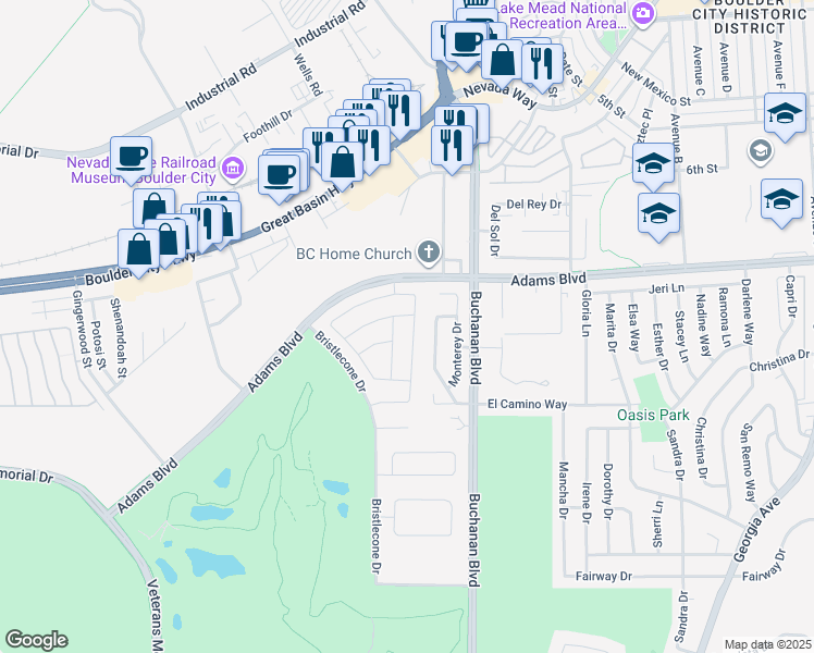 map of restaurants, bars, coffee shops, grocery stores, and more near 1324 Cattail Falls Street in Boulder City