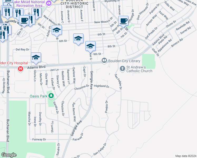 map of restaurants, bars, coffee shops, grocery stores, and more near 1313 Highland Court in Boulder City