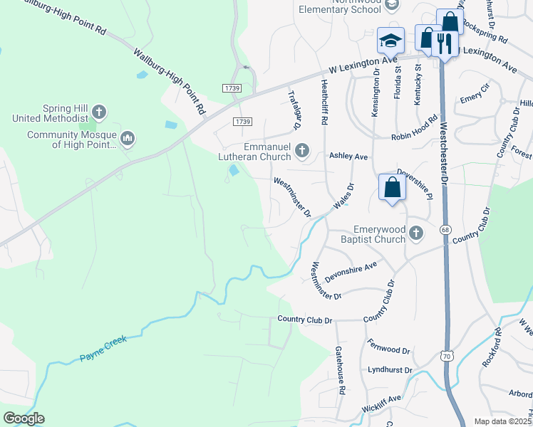 map of restaurants, bars, coffee shops, grocery stores, and more near 1205 Overland Drive in High Point