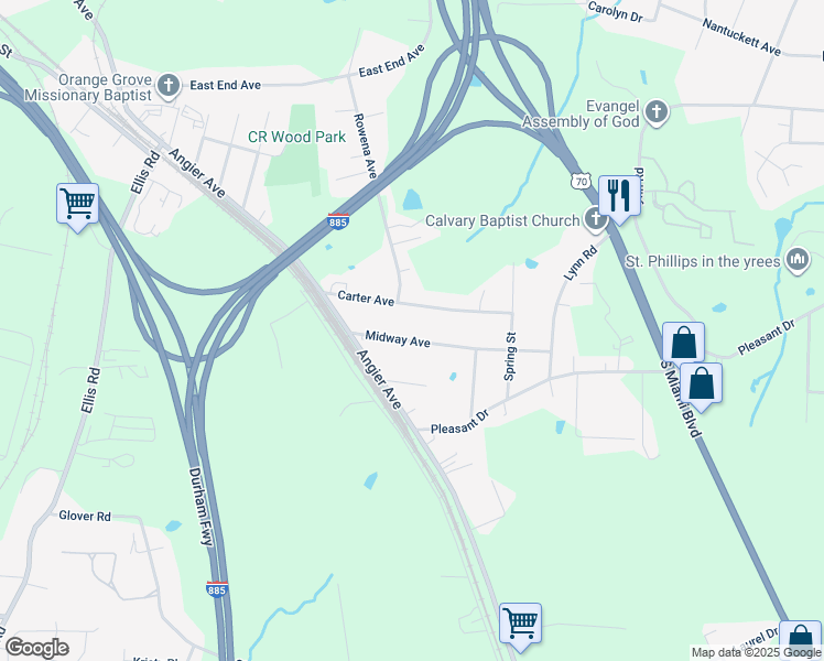 map of restaurants, bars, coffee shops, grocery stores, and more near 902 Midway Avenue in Durham