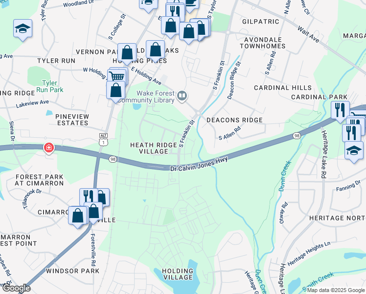 map of restaurants, bars, coffee shops, grocery stores, and more near 837 South Franklin Street in Wake Forest