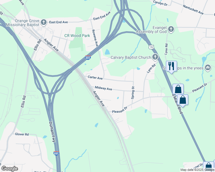 map of restaurants, bars, coffee shops, grocery stores, and more near 902 Midway Avenue in Durham