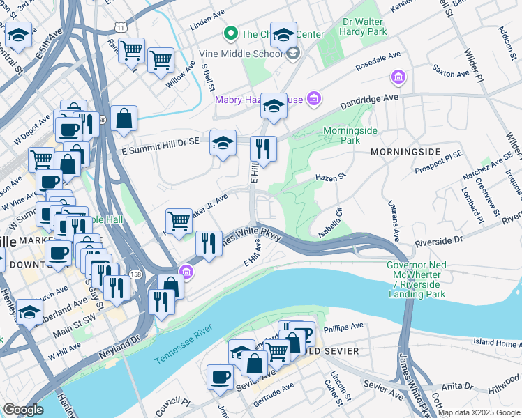 map of restaurants, bars, coffee shops, grocery stores, and more near 811 Evolve Way in Knoxville