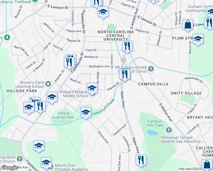 map of restaurants, bars, coffee shops, grocery stores, and more near 2419 Anacosta Street in Durham