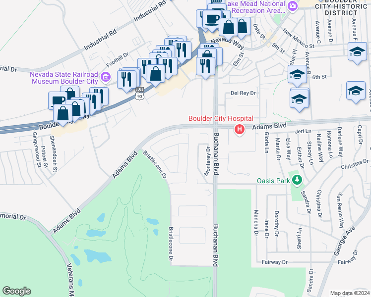 map of restaurants, bars, coffee shops, grocery stores, and more near 1324 Cattail Falls Street in Boulder City