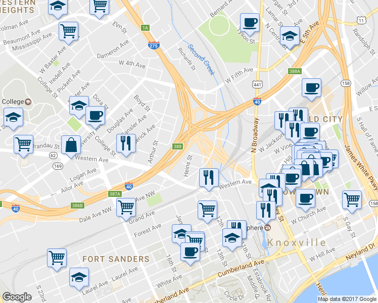 map of restaurants, bars, coffee shops, grocery stores, and more near 871 Tulip Avenue in Knoxville