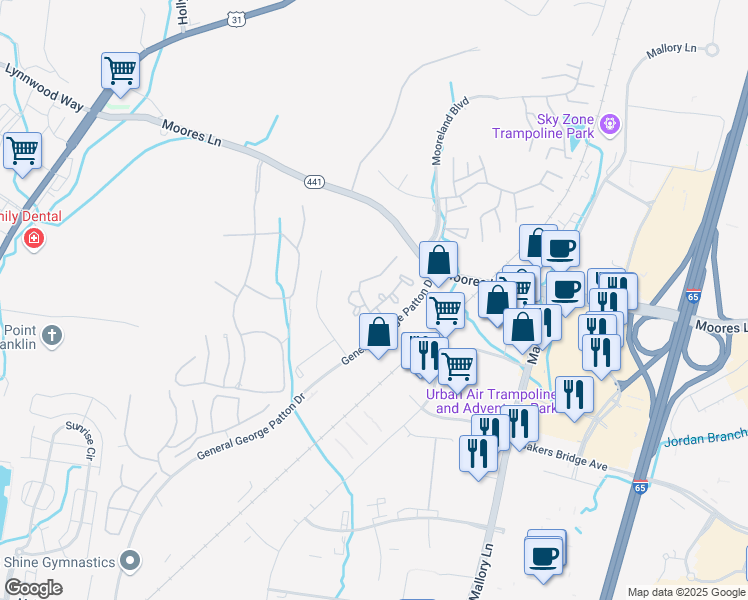 map of restaurants, bars, coffee shops, grocery stores, and more near 104 Brentwood Point in Brentwood