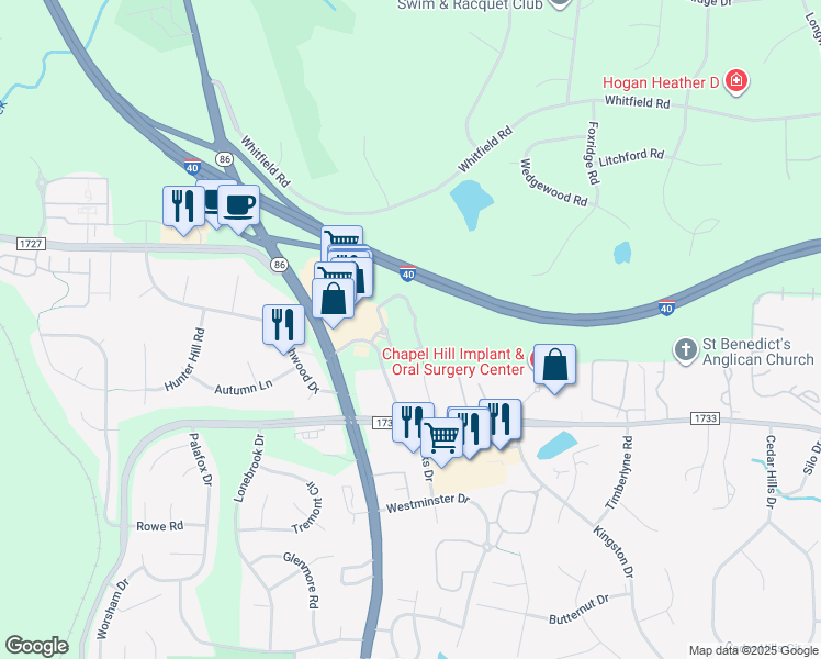 map of restaurants, bars, coffee shops, grocery stores, and more near 109 Adair Street in Chapel Hill