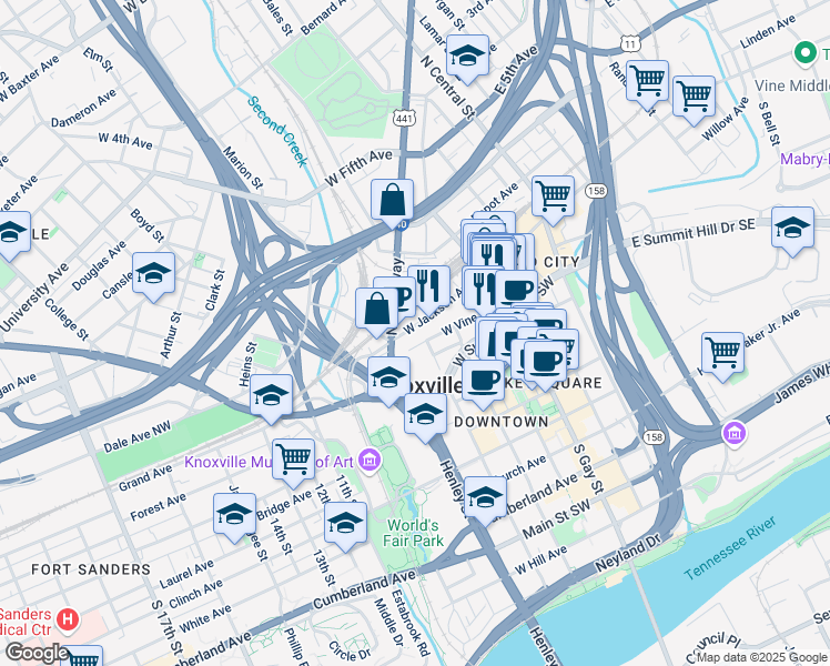 map of restaurants, bars, coffee shops, grocery stores, and more near 524 W Jackson Ave in Knoxville
