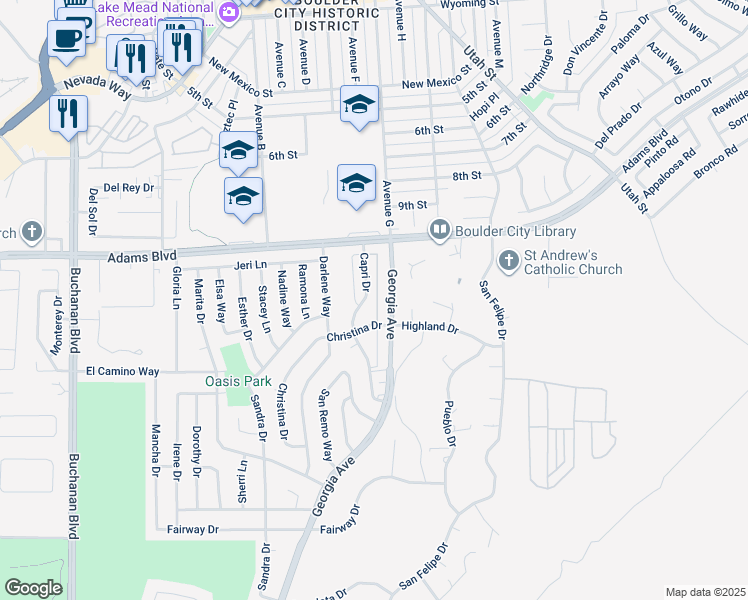 map of restaurants, bars, coffee shops, grocery stores, and more near 1313 Capri Drive in Boulder City