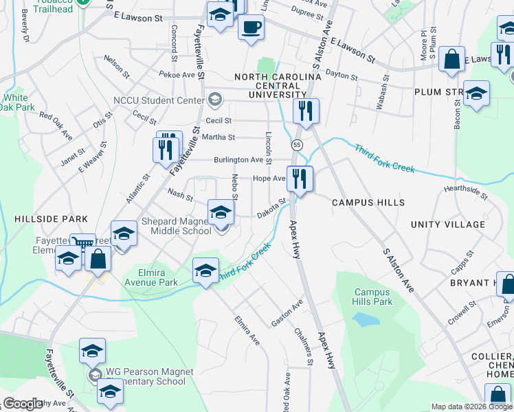 map of restaurants, bars, coffee shops, grocery stores, and more near 2416 Lincoln Street in Durham