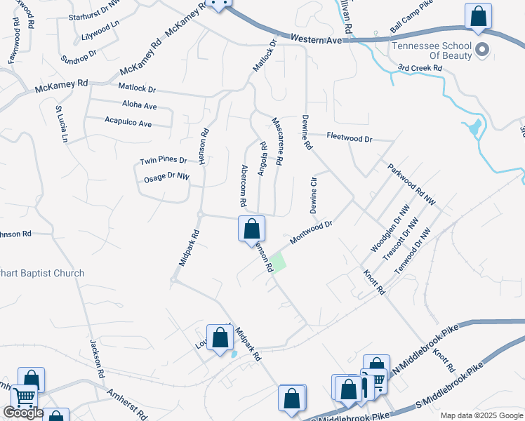 map of restaurants, bars, coffee shops, grocery stores, and more near 4100 Abercorn Road in Knoxville