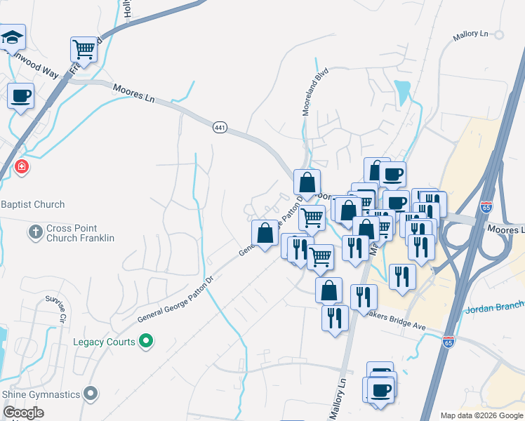 map of restaurants, bars, coffee shops, grocery stores, and more near 104 Brentwood Point in Brentwood