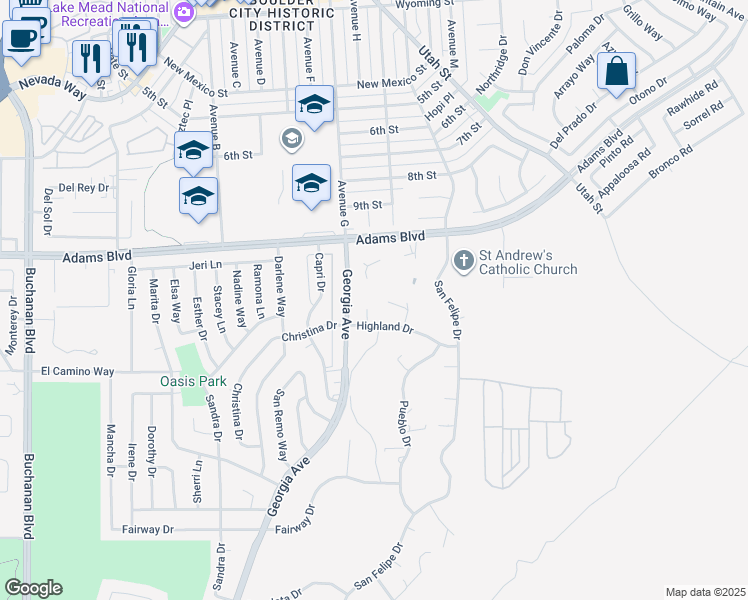 map of restaurants, bars, coffee shops, grocery stores, and more near 1313 Highland Court in Boulder City
