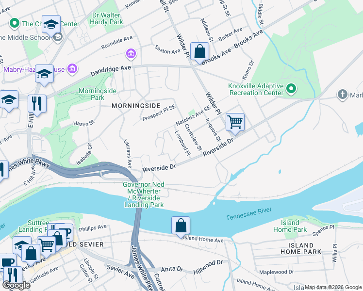 map of restaurants, bars, coffee shops, grocery stores, and more near 1713 Lombard Place in Knoxville