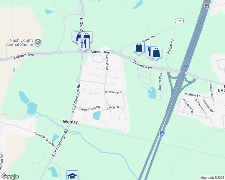 map of restaurants, bars, coffee shops, grocery stores, and more near 4624 Primrose Place in Rocky Mount