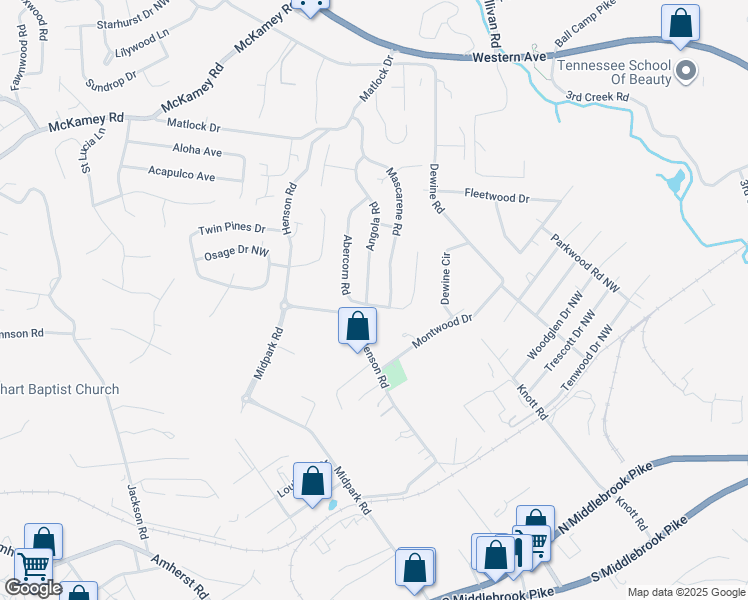 map of restaurants, bars, coffee shops, grocery stores, and more near 4100 Abercorn Road in Knoxville