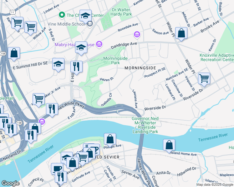 map of restaurants, bars, coffee shops, grocery stores, and more near 1109 Magnet Place Southeast in Knoxville