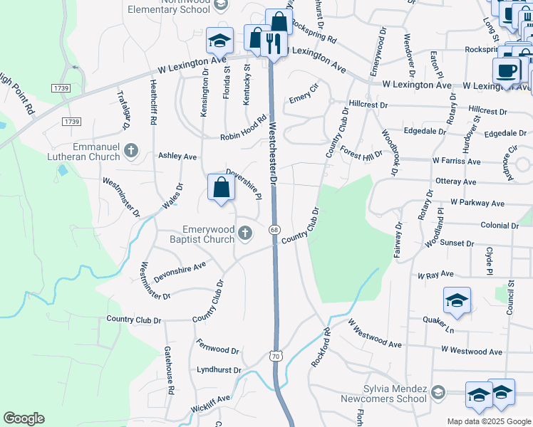 map of restaurants, bars, coffee shops, grocery stores, and more near 1218 Dovershire Pl in High Point