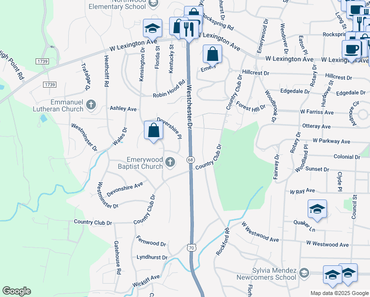 map of restaurants, bars, coffee shops, grocery stores, and more near 1218 Dovershire Place in High Point