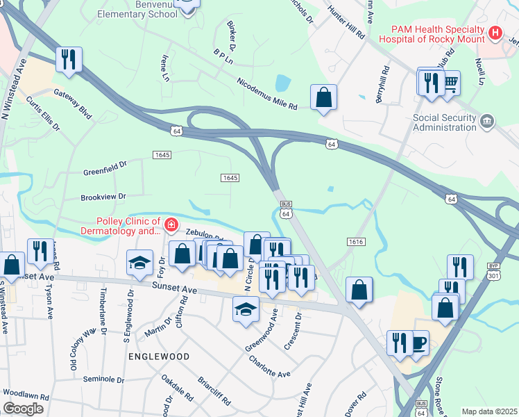 map of restaurants, bars, coffee shops, grocery stores, and more near 921 South Wesleyan Boulevard in Rocky Mount