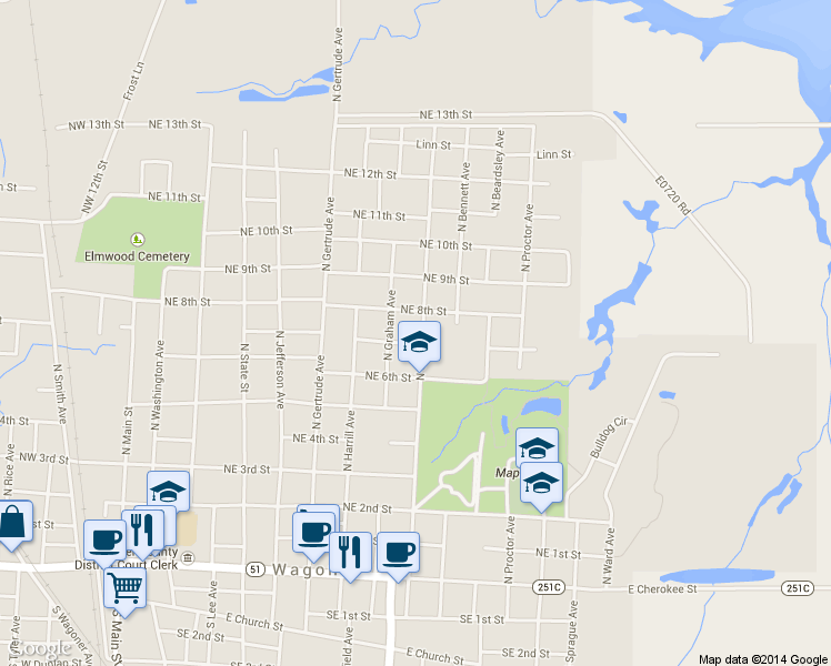 map of restaurants, bars, coffee shops, grocery stores, and more near 909 Northeast 7th Street in Wagoner