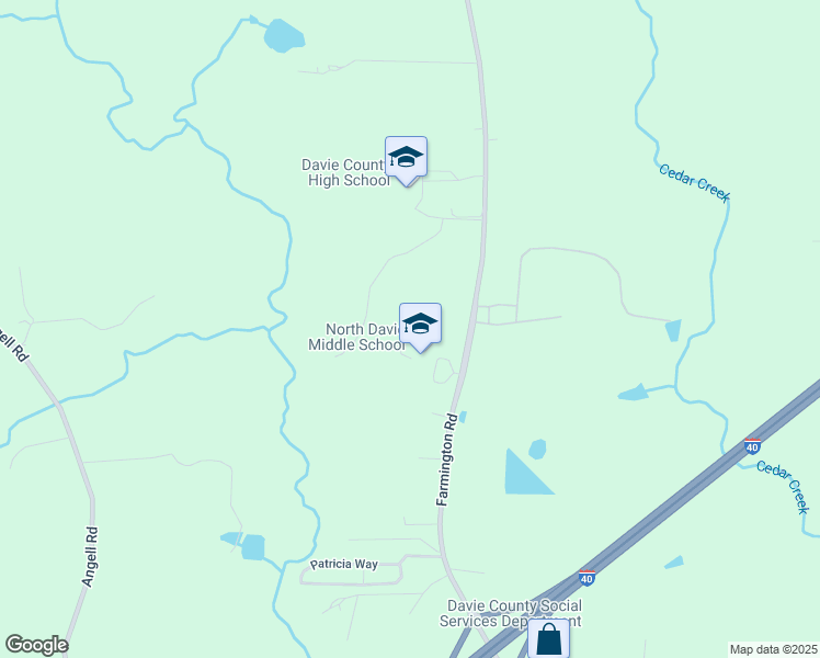 map of restaurants, bars, coffee shops, grocery stores, and more near 497 Farmington Road in Mocksville