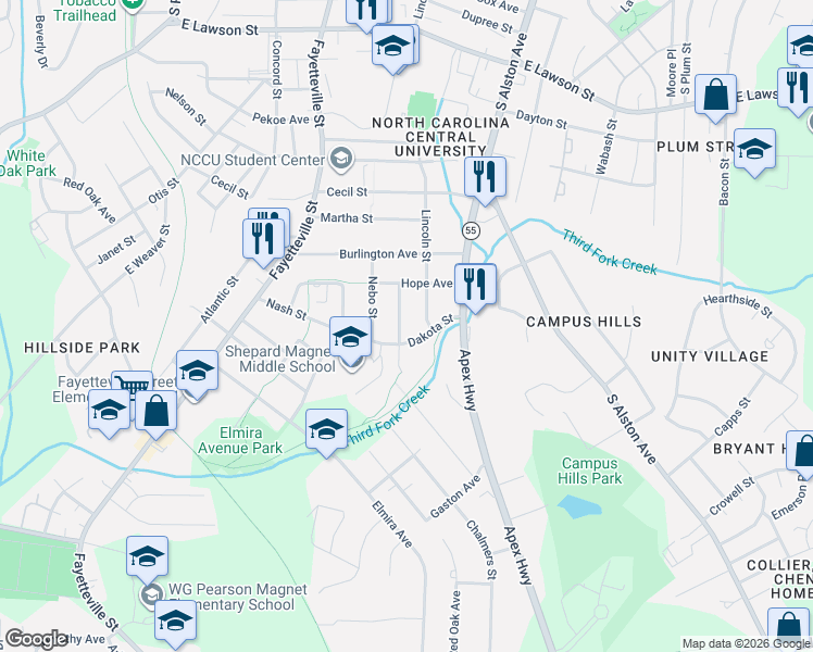 map of restaurants, bars, coffee shops, grocery stores, and more near 2416 Lincoln Street in Durham