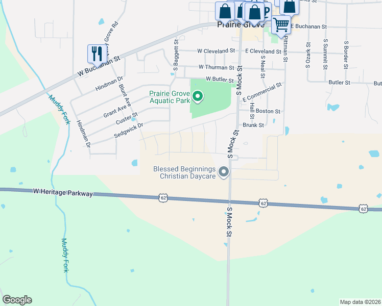 map of restaurants, bars, coffee shops, grocery stores, and more near 612 South Mock Street in Prairie Grove