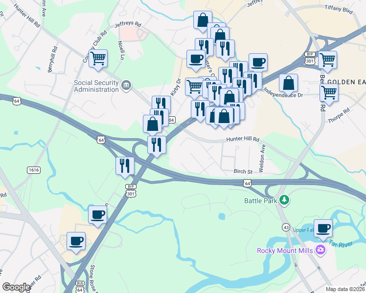map of restaurants, bars, coffee shops, grocery stores, and more near 1441 Helms Street in Rocky Mount