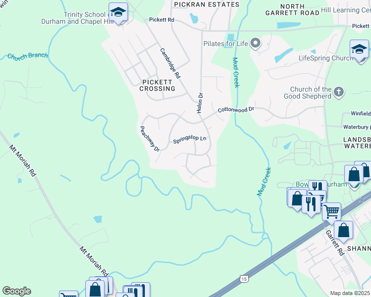 map of restaurants, bars, coffee shops, grocery stores, and more near 4404 Hulon Drive in Durham