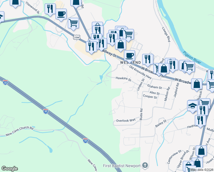 map of restaurants, bars, coffee shops, grocery stores, and more near 489 Frosty Lane in Newport