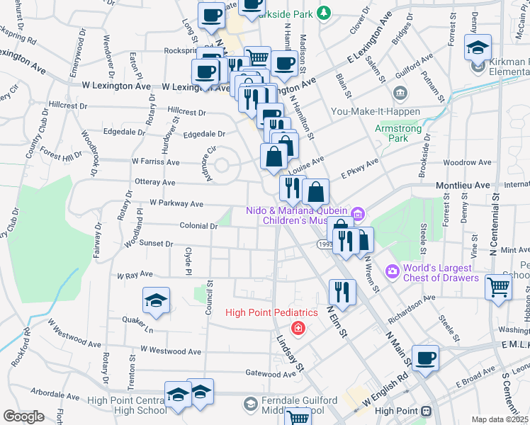 map of restaurants, bars, coffee shops, grocery stores, and more near 207 West Parkway Avenue in High Point
