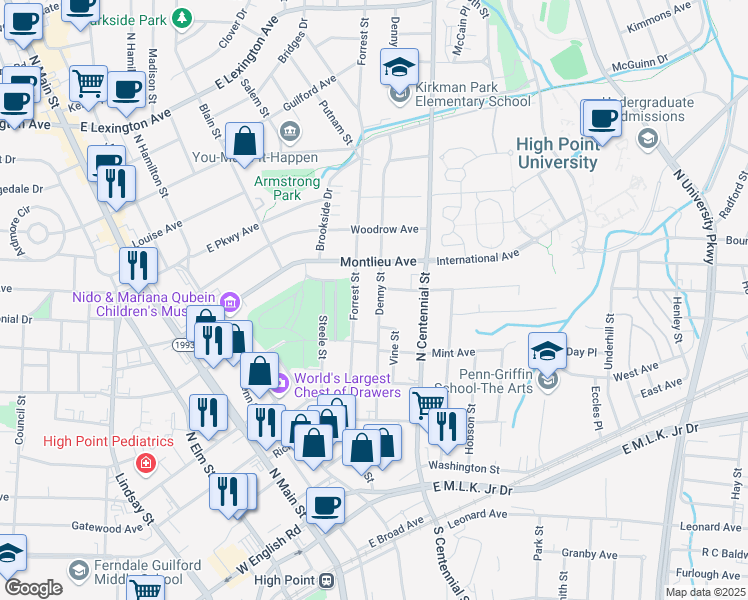 map of restaurants, bars, coffee shops, grocery stores, and more near 521 Denny Street in High Point