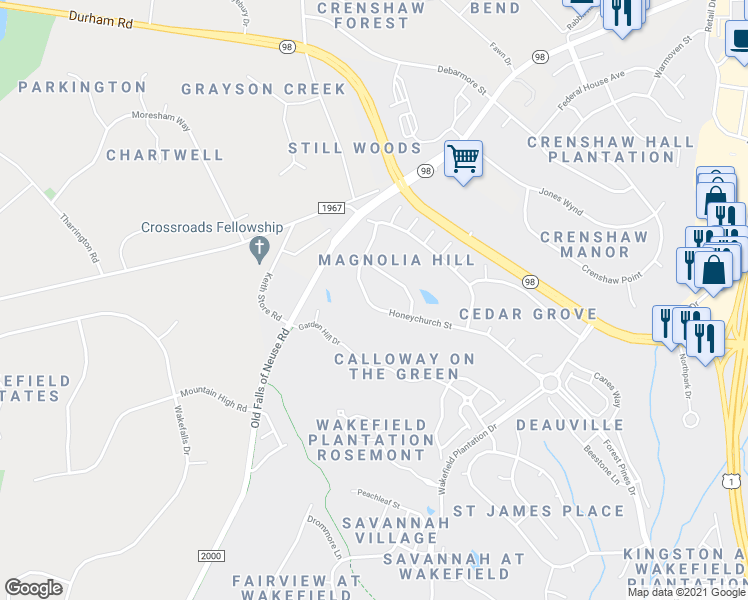 map of restaurants, bars, coffee shops, grocery stores, and more near 12544 Honeychurch Street in Raleigh