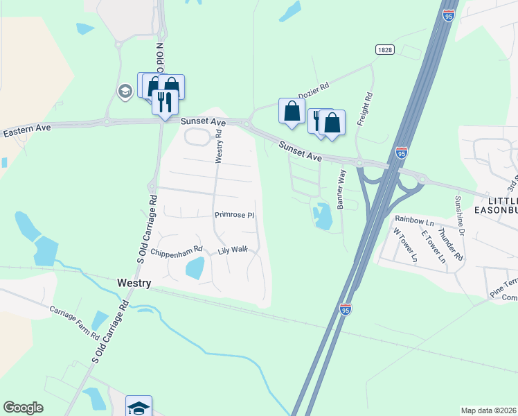 map of restaurants, bars, coffee shops, grocery stores, and more near 413 Daffodil Way in Rocky Mount