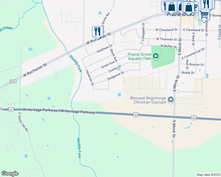 map of restaurants, bars, coffee shops, grocery stores, and more near 609 Chamberlain Road in Prairie Grove