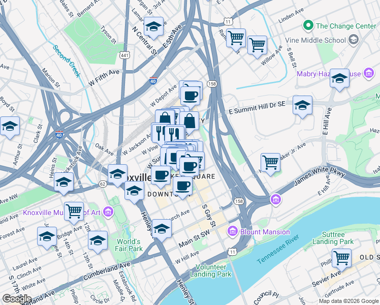 map of restaurants, bars, coffee shops, grocery stores, and more near 308 South Gay Street in Knoxville