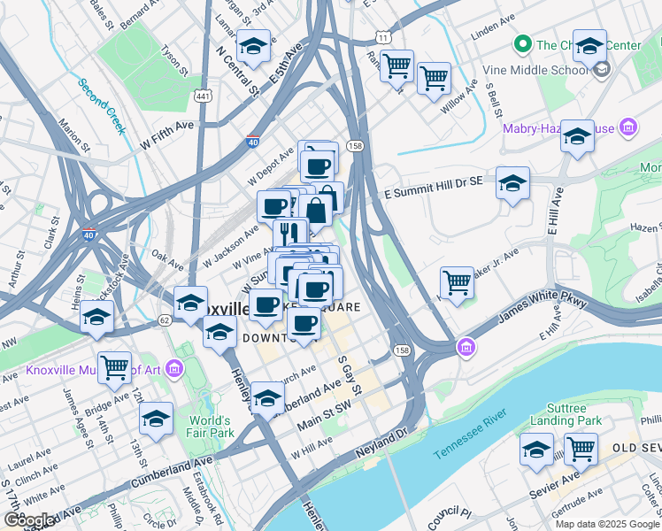 map of restaurants, bars, coffee shops, grocery stores, and more near 400 State Street in Knoxville