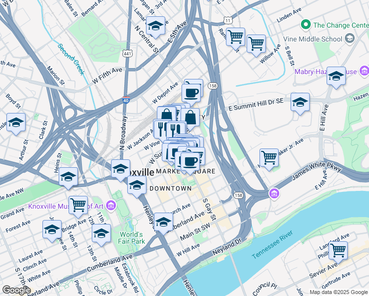 map of restaurants, bars, coffee shops, grocery stores, and more near 308 South Gay Street in Knoxville