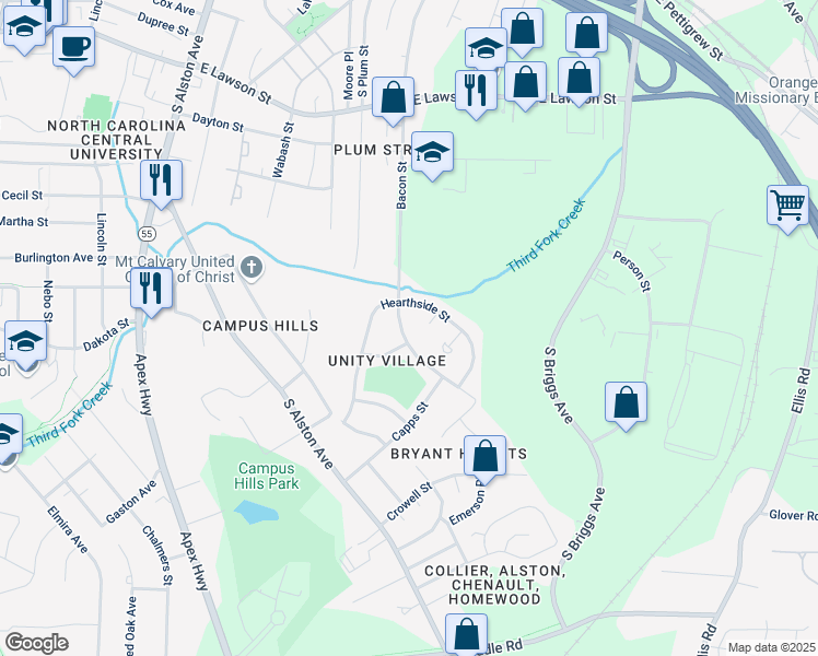 map of restaurants, bars, coffee shops, grocery stores, and more near 1311 Bacon Street in Durham