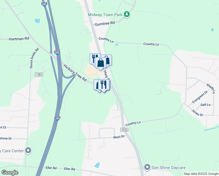 map of restaurants, bars, coffee shops, grocery stores, and more near 187 Hickory Tree Road in Winston-Salem