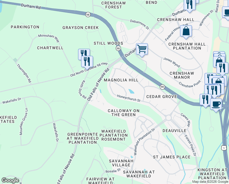 map of restaurants, bars, coffee shops, grocery stores, and more near 12548 Honeychurch Street in Raleigh