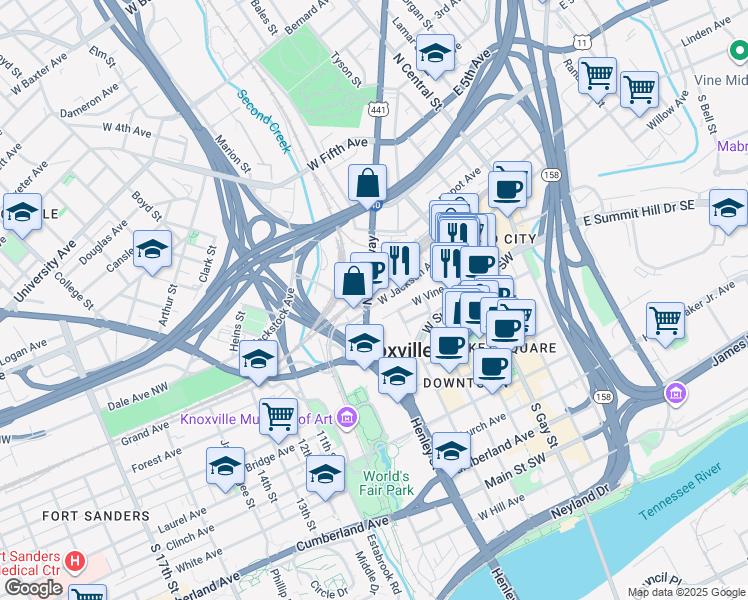 map of restaurants, bars, coffee shops, grocery stores, and more near 524 West Jackson Avenue in Knoxville