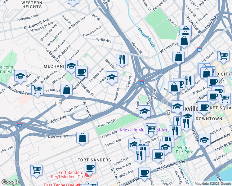 map of restaurants, bars, coffee shops, grocery stores, and more near 1317 Hannah Avenue in Knoxville
