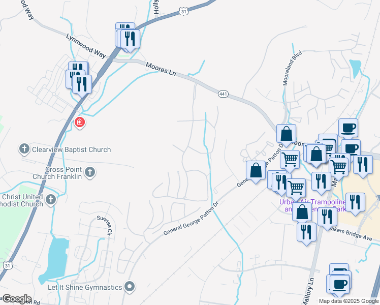 map of restaurants, bars, coffee shops, grocery stores, and more near 135 Cook's Court in Brentwood