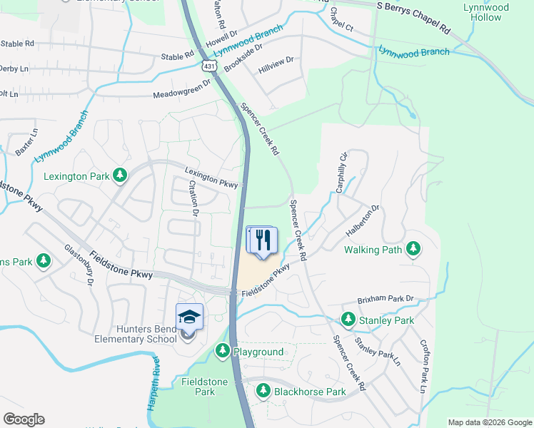 map of restaurants, bars, coffee shops, grocery stores, and more near 1105 Spencer Creek Pass in Franklin