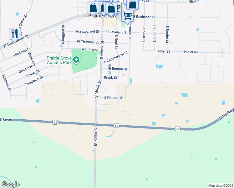 map of restaurants, bars, coffee shops, grocery stores, and more near 701 South Mock Street in Prairie Grove